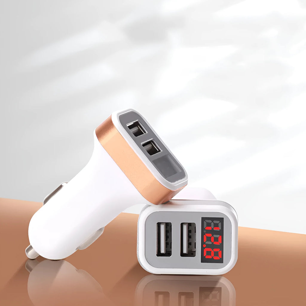 Gold and silver digital display car chargers showing 5V output on screen