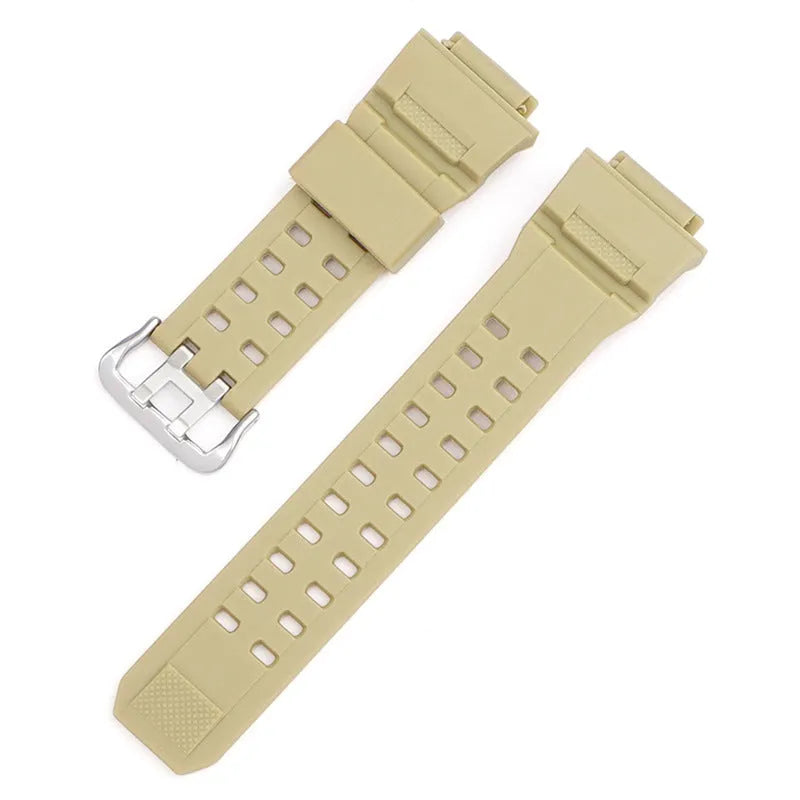 Camouflage pattern TPU watch strap with silver buckle on a grey background.