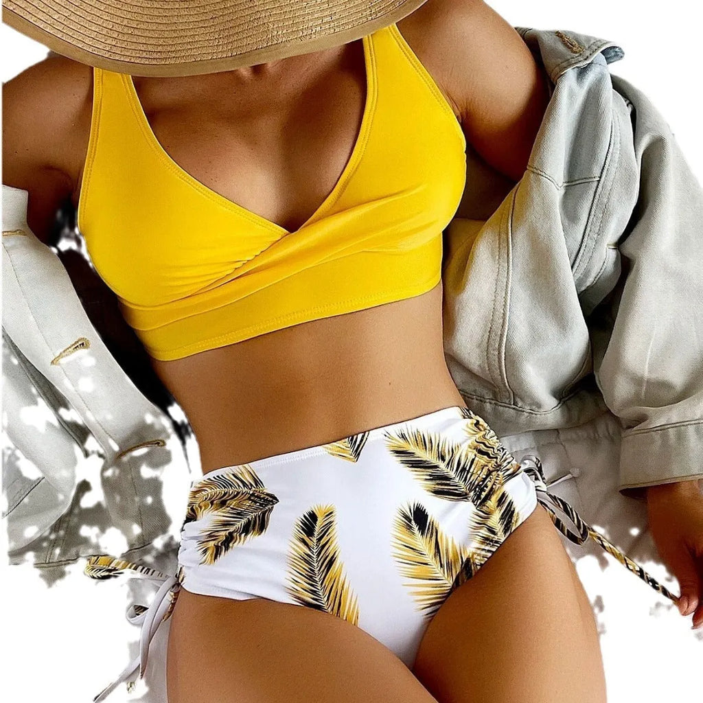 Women's black split drawstring bikini swimsuit with adjustable high-waist briefs