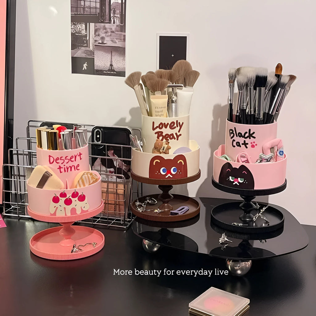 Beige rotating cosmetic brush storage barrel with open lid showing internal organiser rack