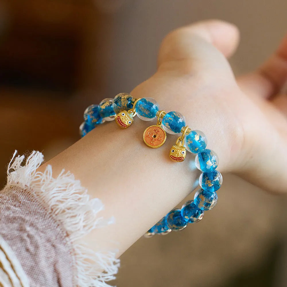 Handmade coloured glaze bracelet with gold foil swallowing gold beast pattern in seven colour options