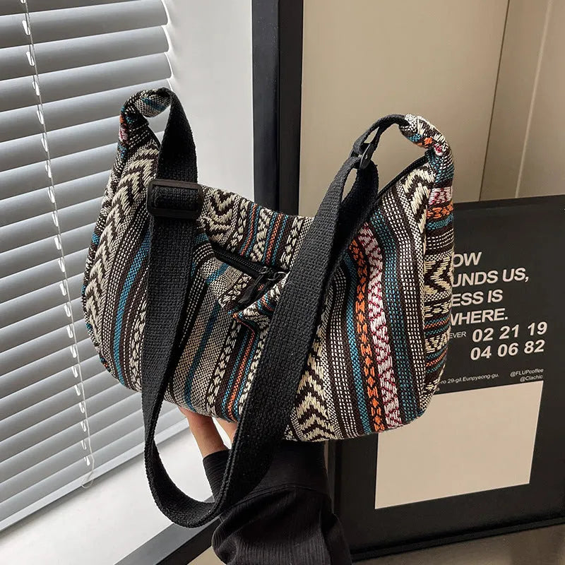 Women's ethnic style dumpling-shaped crossbody bag in canvas material with decorative sewing details
