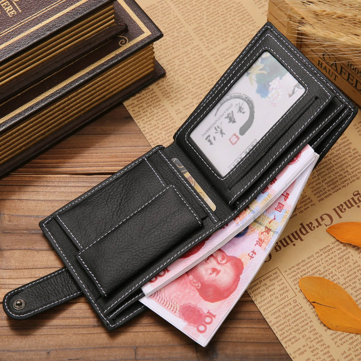 Men's short genuine leather vintage zipper buckle wallet in brown and black solid colour first layer cowhide