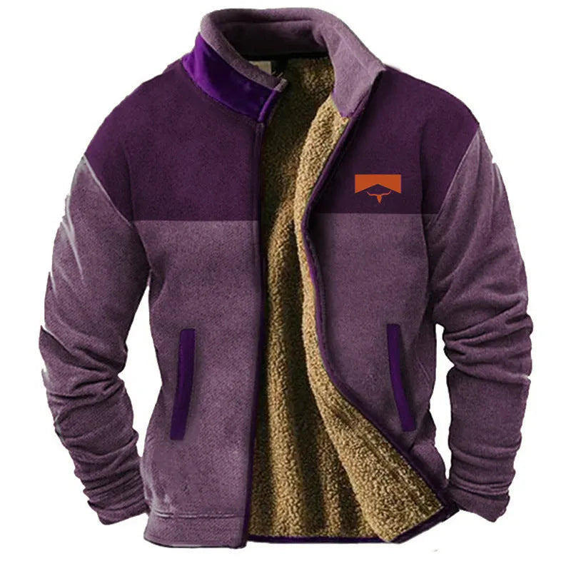 Men's light brown fleece padded coat with a regular fit, shown on a model.