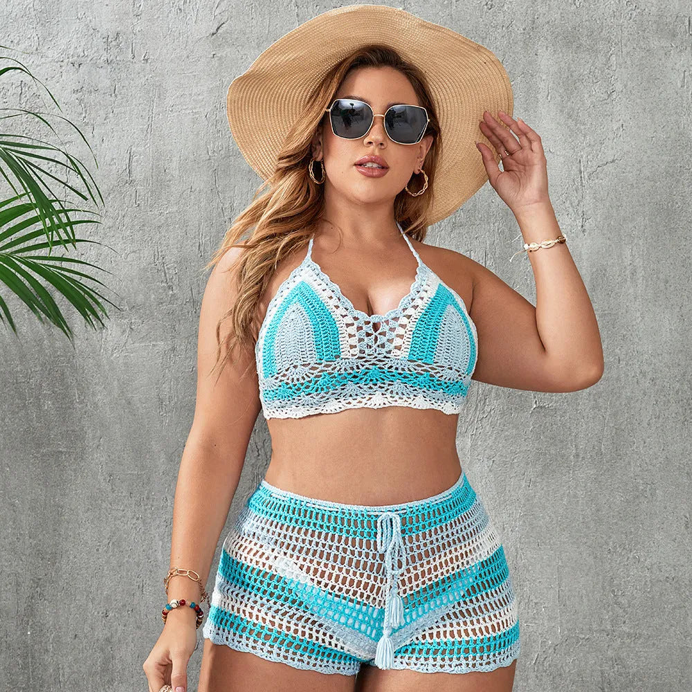 Women's blue hollow out strap swimsuit with split construction in acrylic fabric