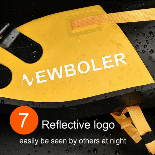 Yellow waterproof PVC bicycle tail bag mounted on a bike seat, showing its 58cm length and mounting straps.