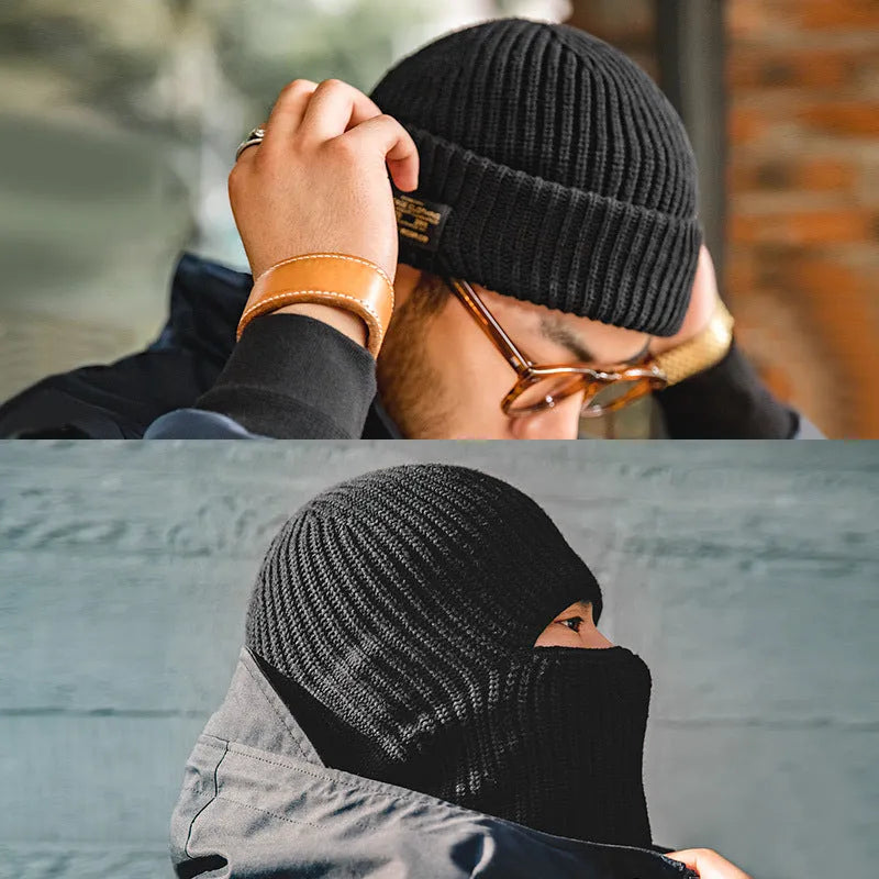 Vintage knitted melon-skin warm beanie in black with street-style patch detail, adjustable size, unisex design.