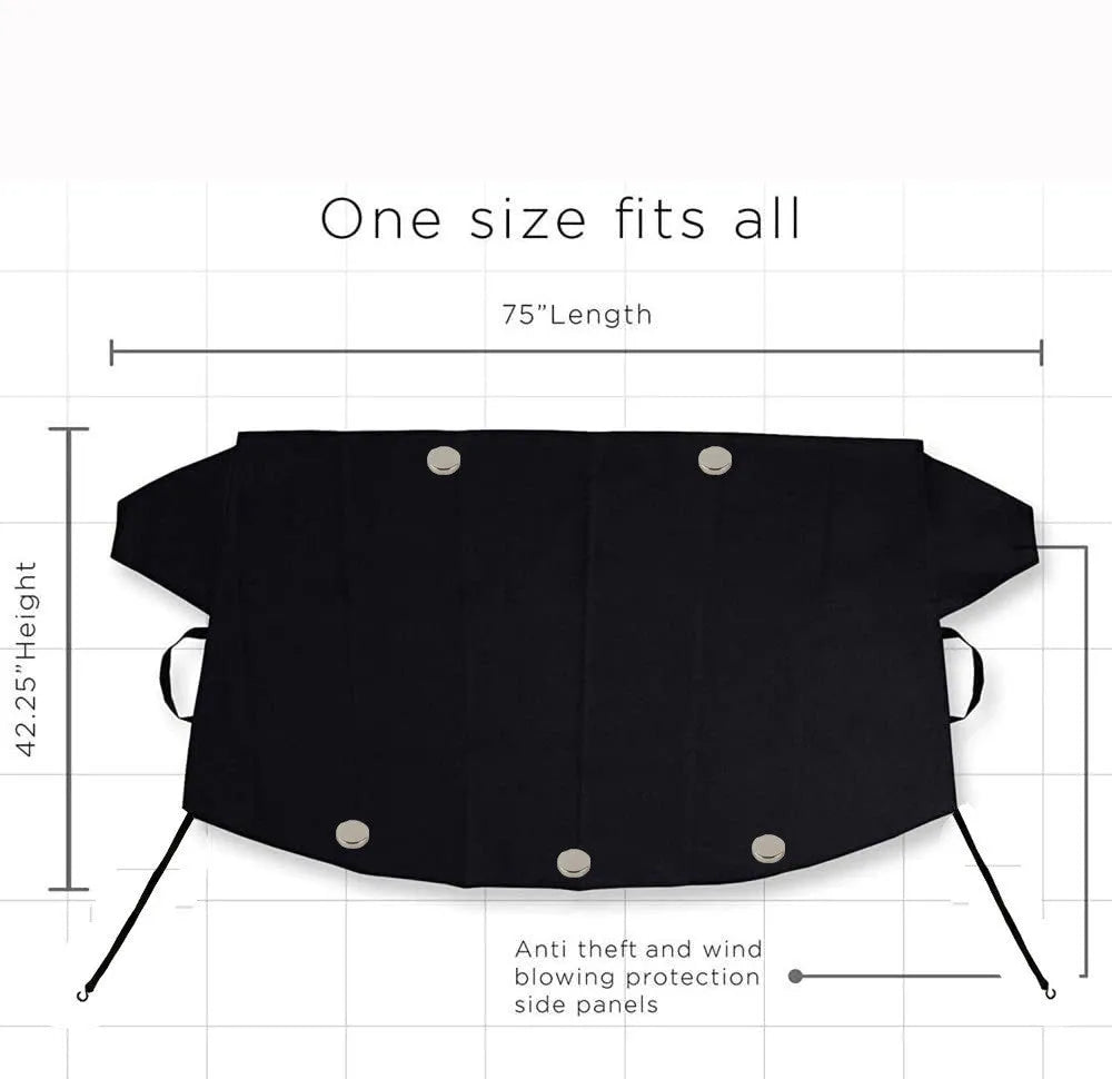 Black rubber Oxford cloth windshield ice and snow gown draped over car windscreen in winter
