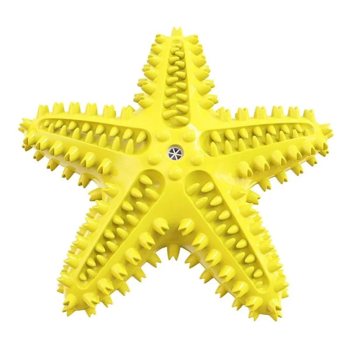 Edible TPR starfish dog toy with squeaker for tooth cleaning in blue, green and yellow colours