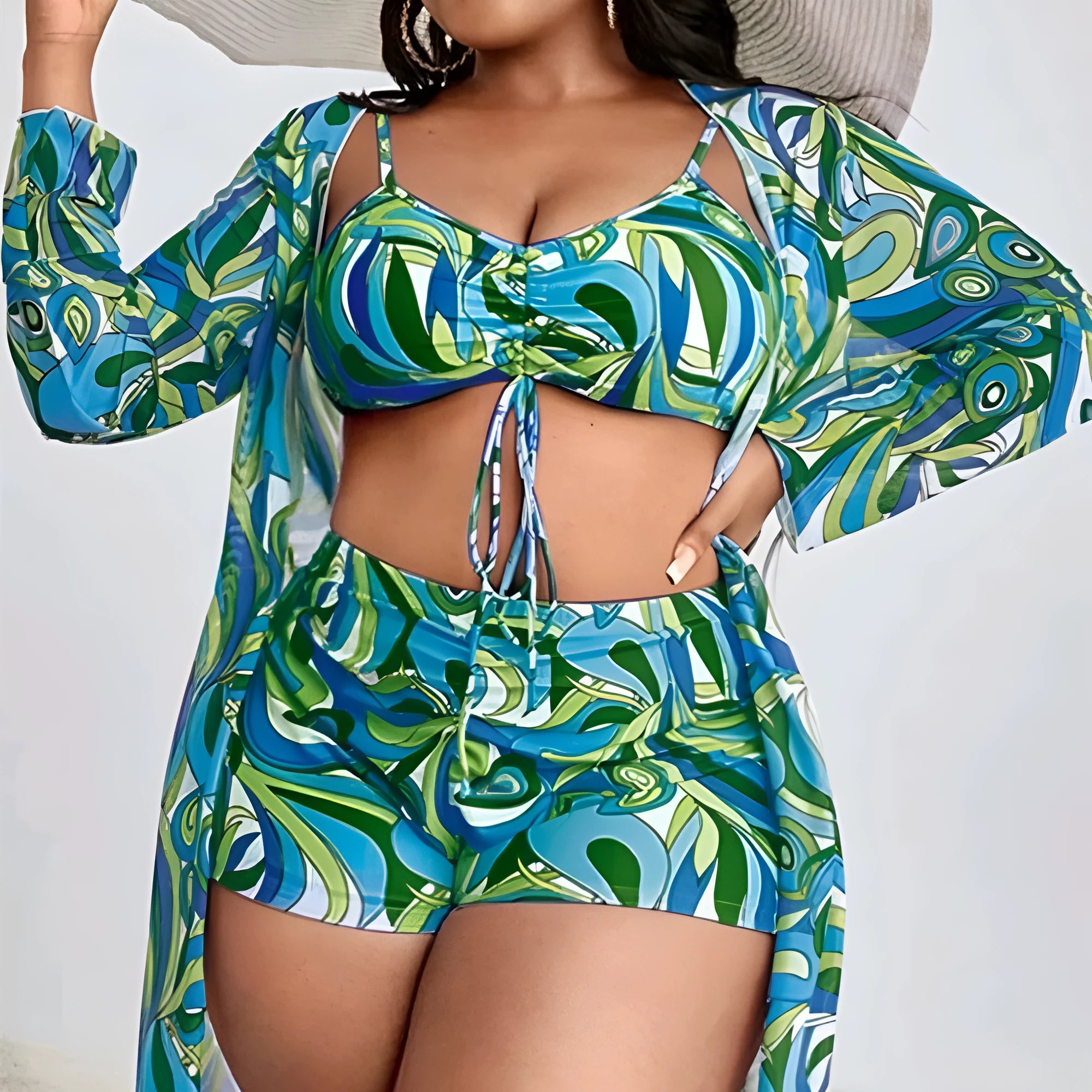 Women's floral print polyester bikini three-piece set with bra, shorts, and cardigan.