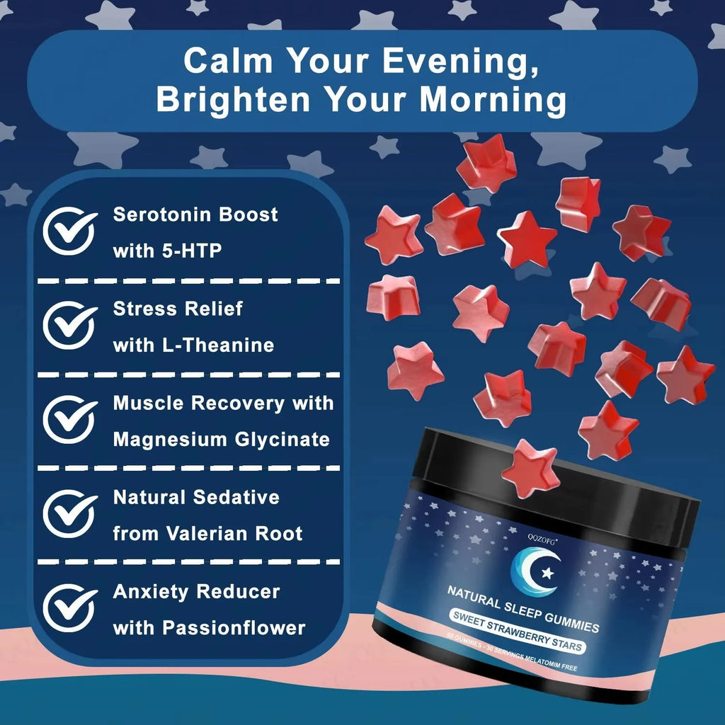 Bottle of natural sleep gummies with strawberry flavour, 60 count, vegan pectin-based star-shaped gummies