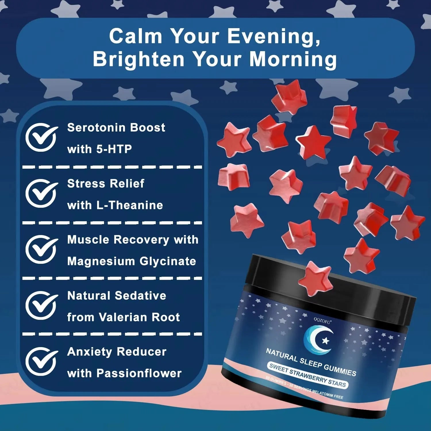 Bottle of natural sleep gummies with strawberry flavour, 60 count, vegan pectin-based star-shaped gummies