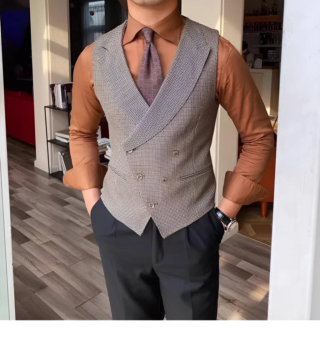 Houndstooth pattern classic waistcoat for men in Palid colour, front view, available in sizes M to 2XL