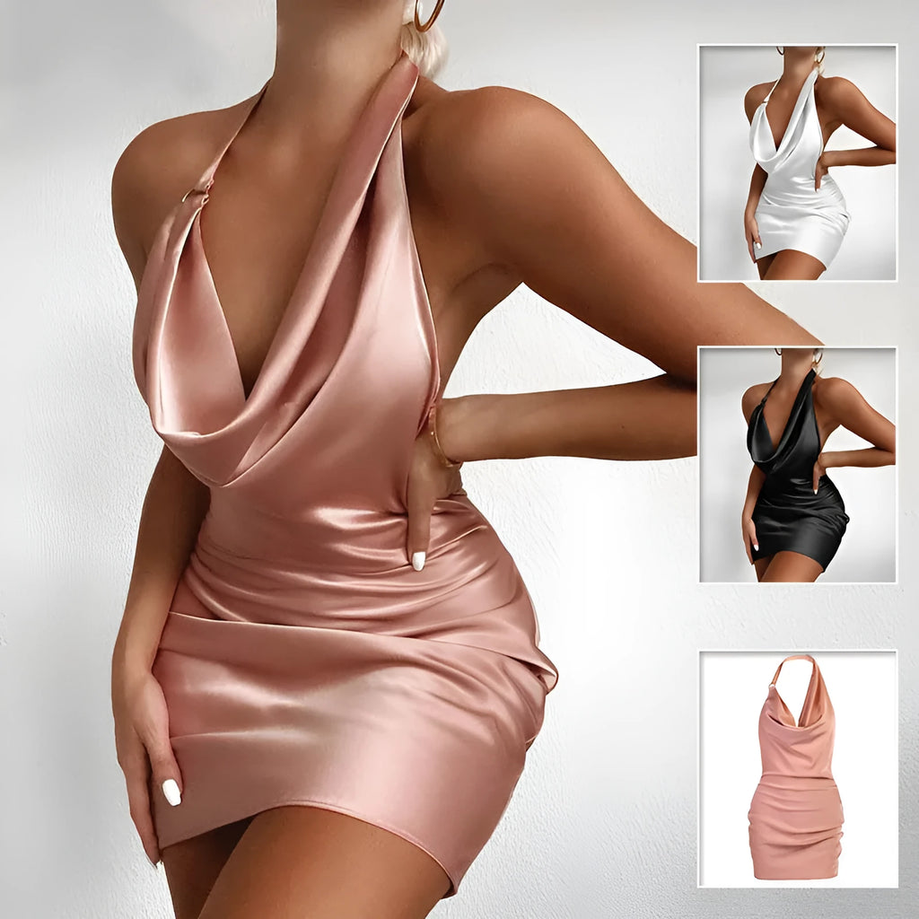Satin V-neck backless party dress with adjustable spaghetti straps, ruched sides, available in black, pink, white