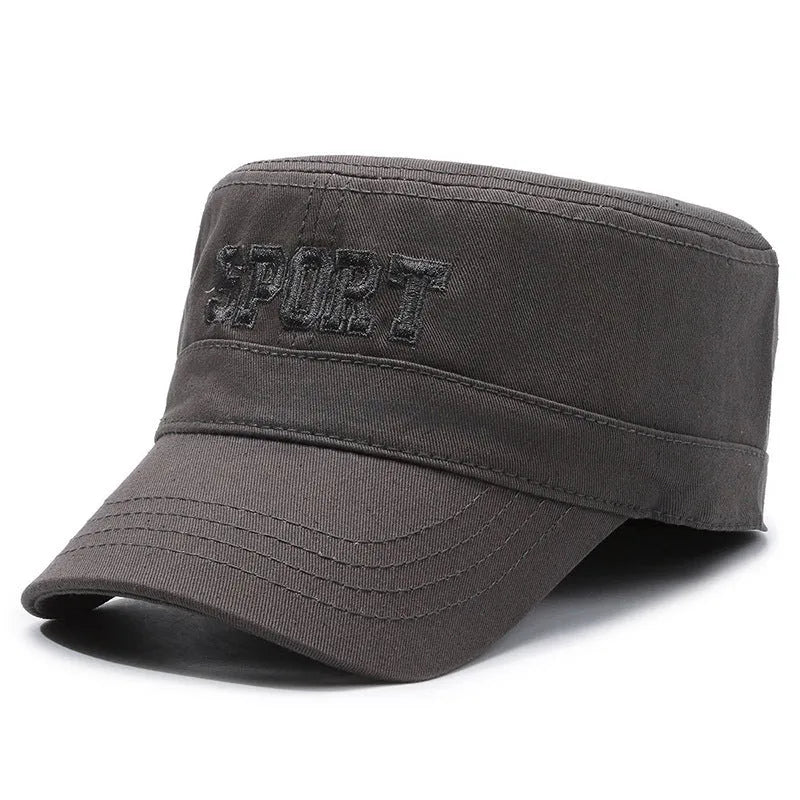Men's flat-top peaked cotton cap in army green with an adjustable strap and English letter detail on the front.