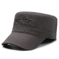 Men's flat-top peaked cotton cap in army green with an adjustable strap and English letter detail on the front.
