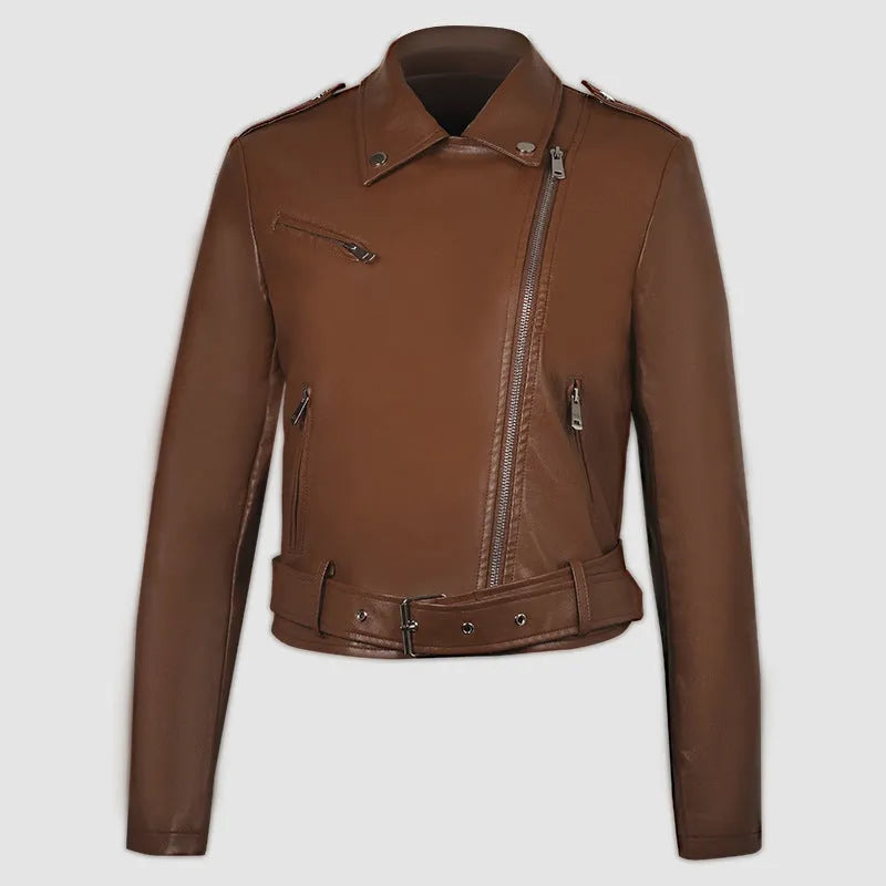 Women's black PU imitation leather motorcycle jacket with an adjustable waist belt, shown front-on.