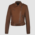 Women's black PU imitation leather motorcycle jacket with an adjustable waist belt, shown front-on.