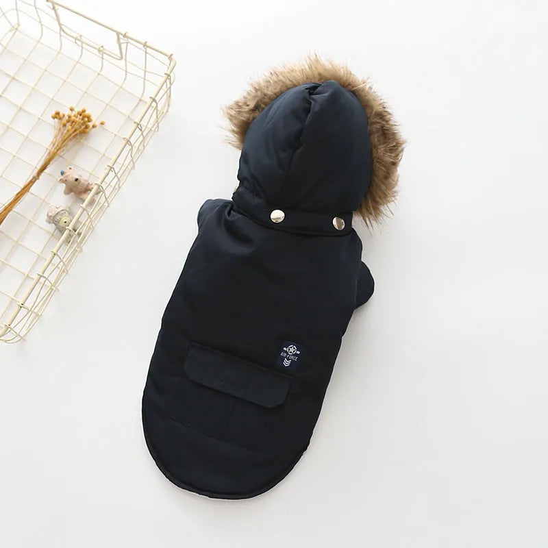 Hooded cotton coat for dogs in beige, shown on a dog with a hood up for coverage