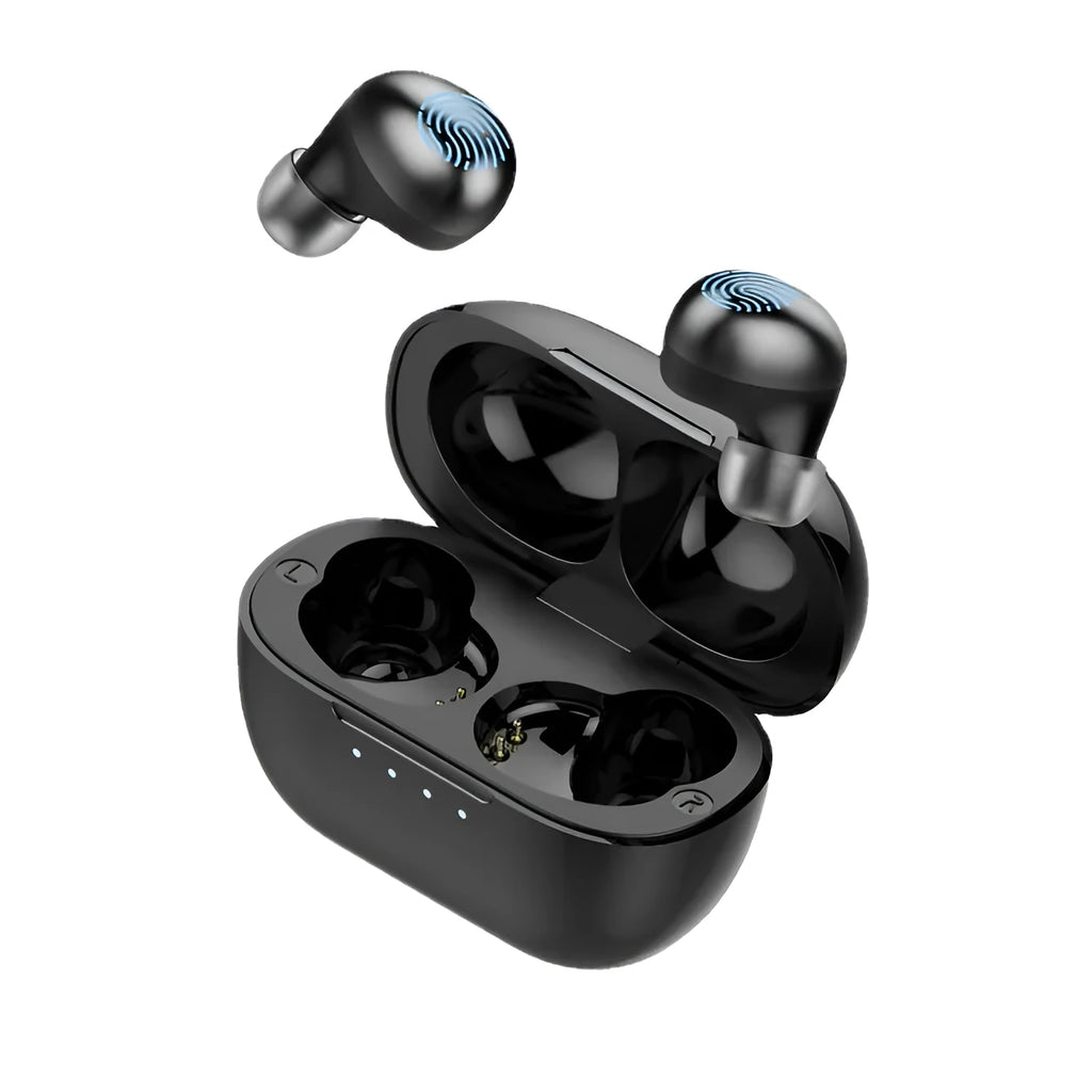 Black wireless Bluetooth stereo earbud headset with subwoofer for calls and music