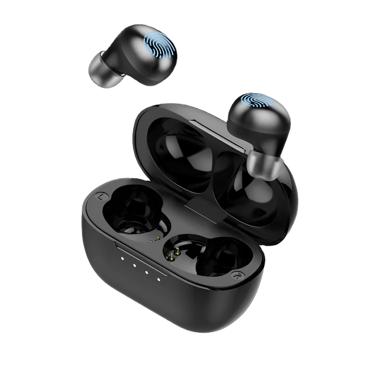 Black wireless Bluetooth stereo earbud headset with subwoofer for calls and music