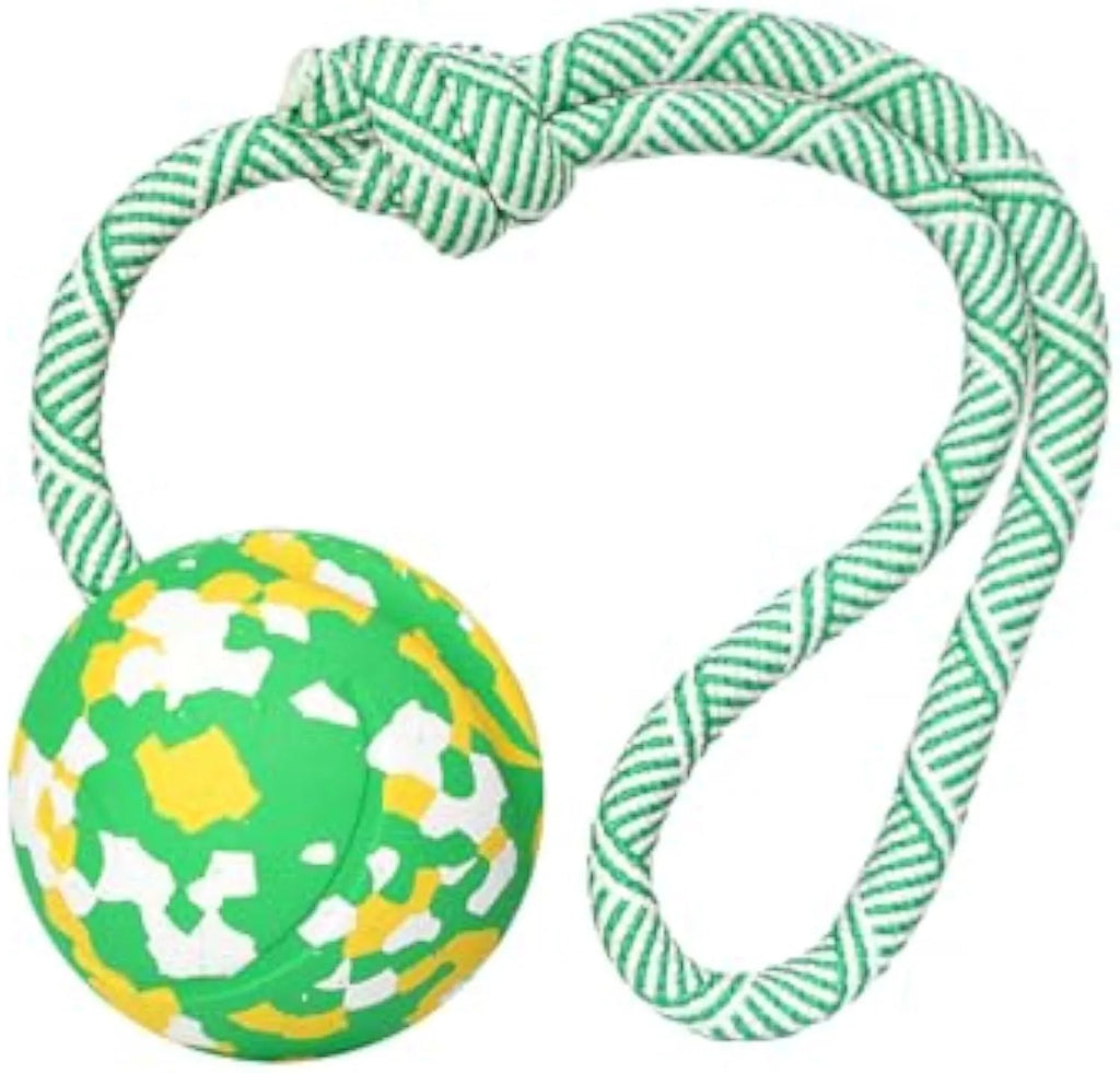 Natural rubber dog ball attached to a blue nylon rope for fetch and tug toys.