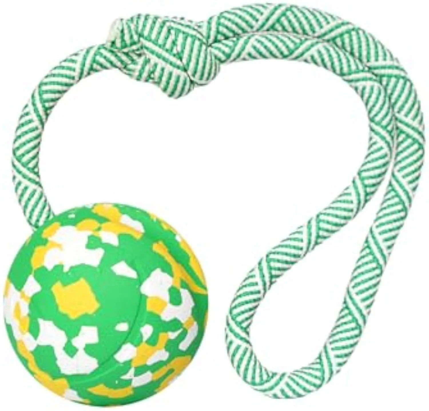Natural rubber dog ball attached to a blue nylon rope for fetch and tug toys.