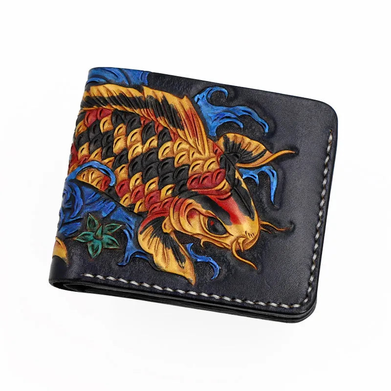 Men's blue carved cow leather bifold wallet showing textured surface and open design