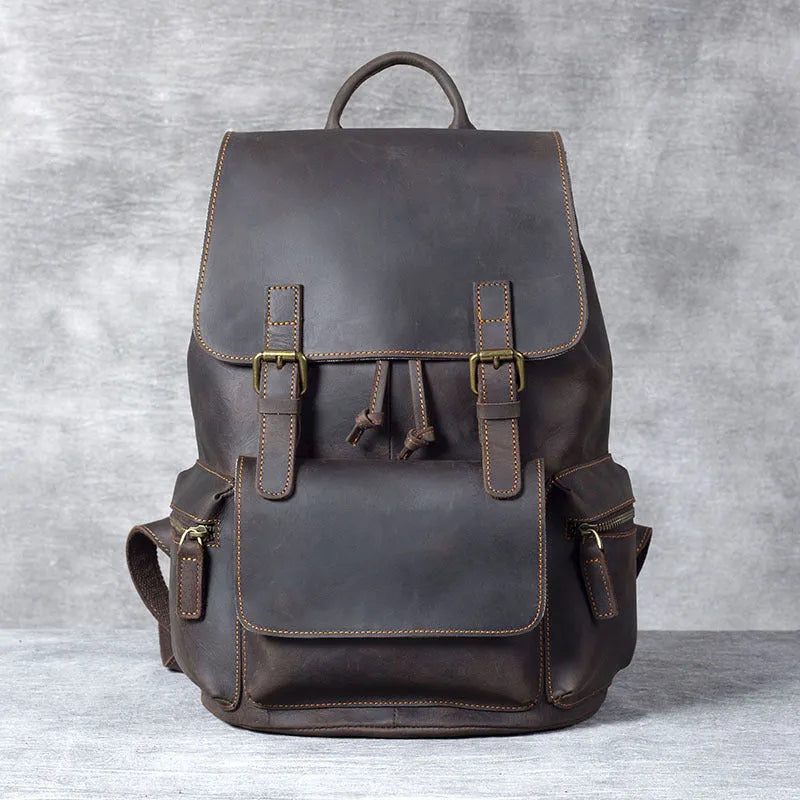 Brown retro crazy horse leather backpack with double shoulder straps and denim interior