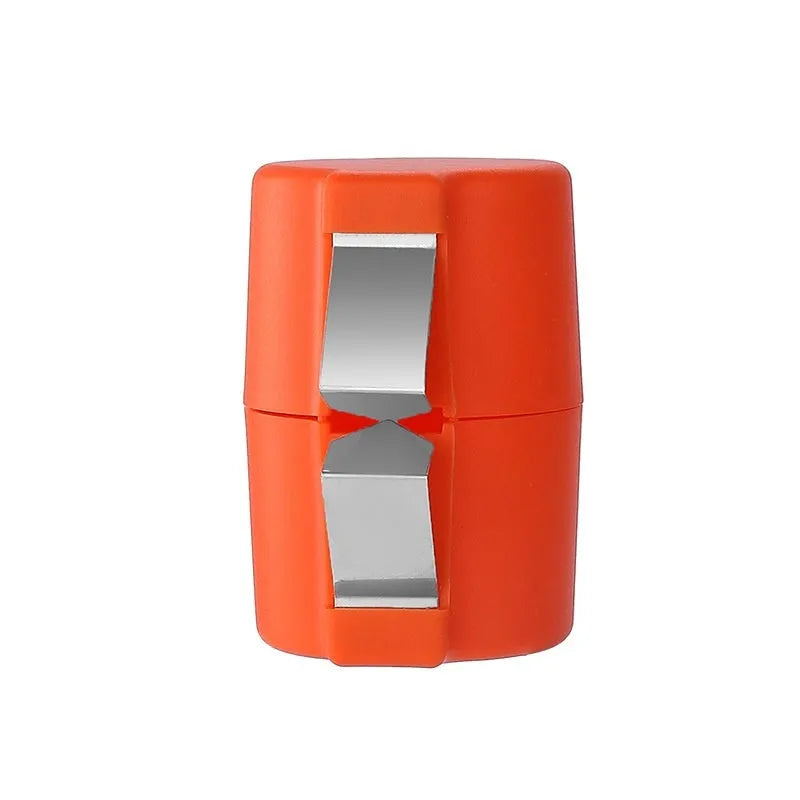 Colourful egg shell opener and beater kitchen tool made of stainless steel and plastic on a kitchen counter.