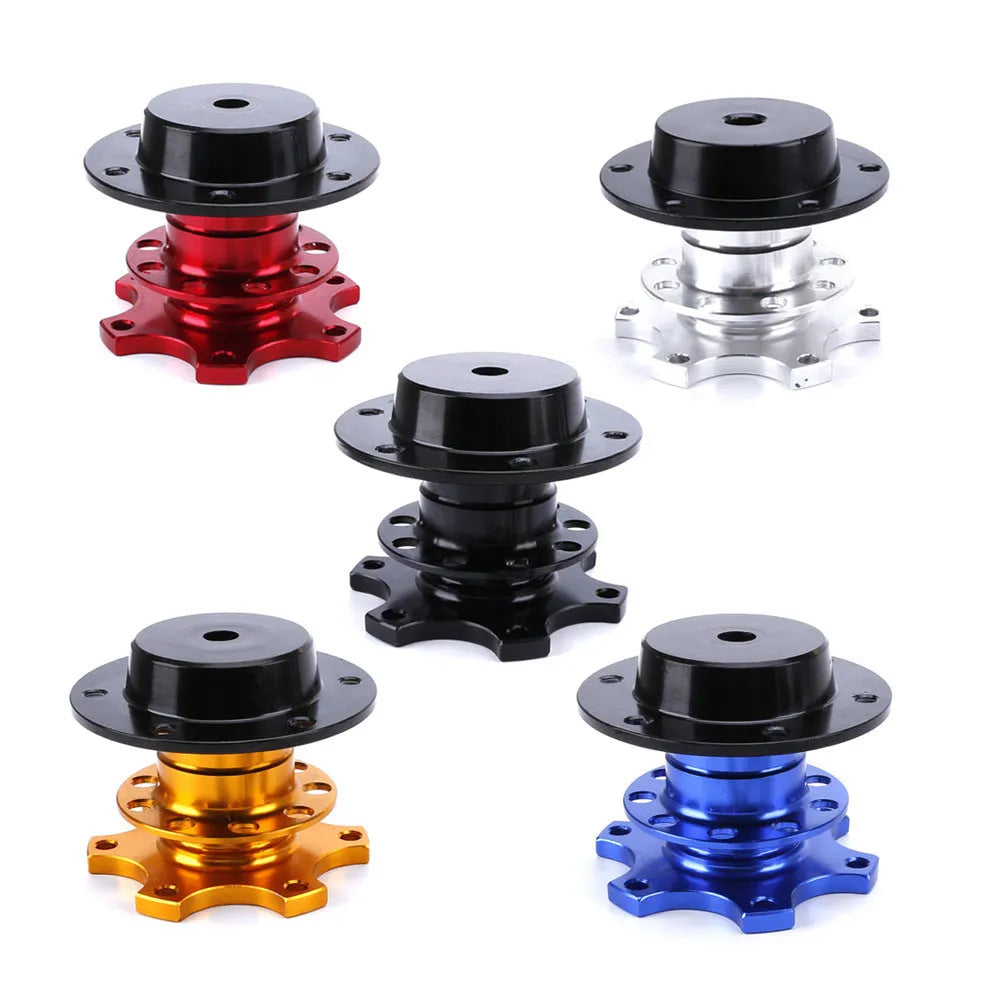 Car steering wheel quick release adapter in black, red, blue, silver, and gold colour options