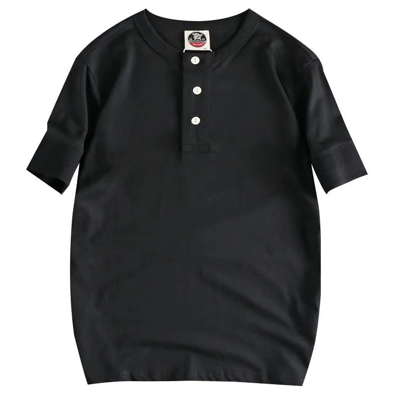 Men's pure cotton short sleeve Henry collar shirt in solid colour with straight fit, front view