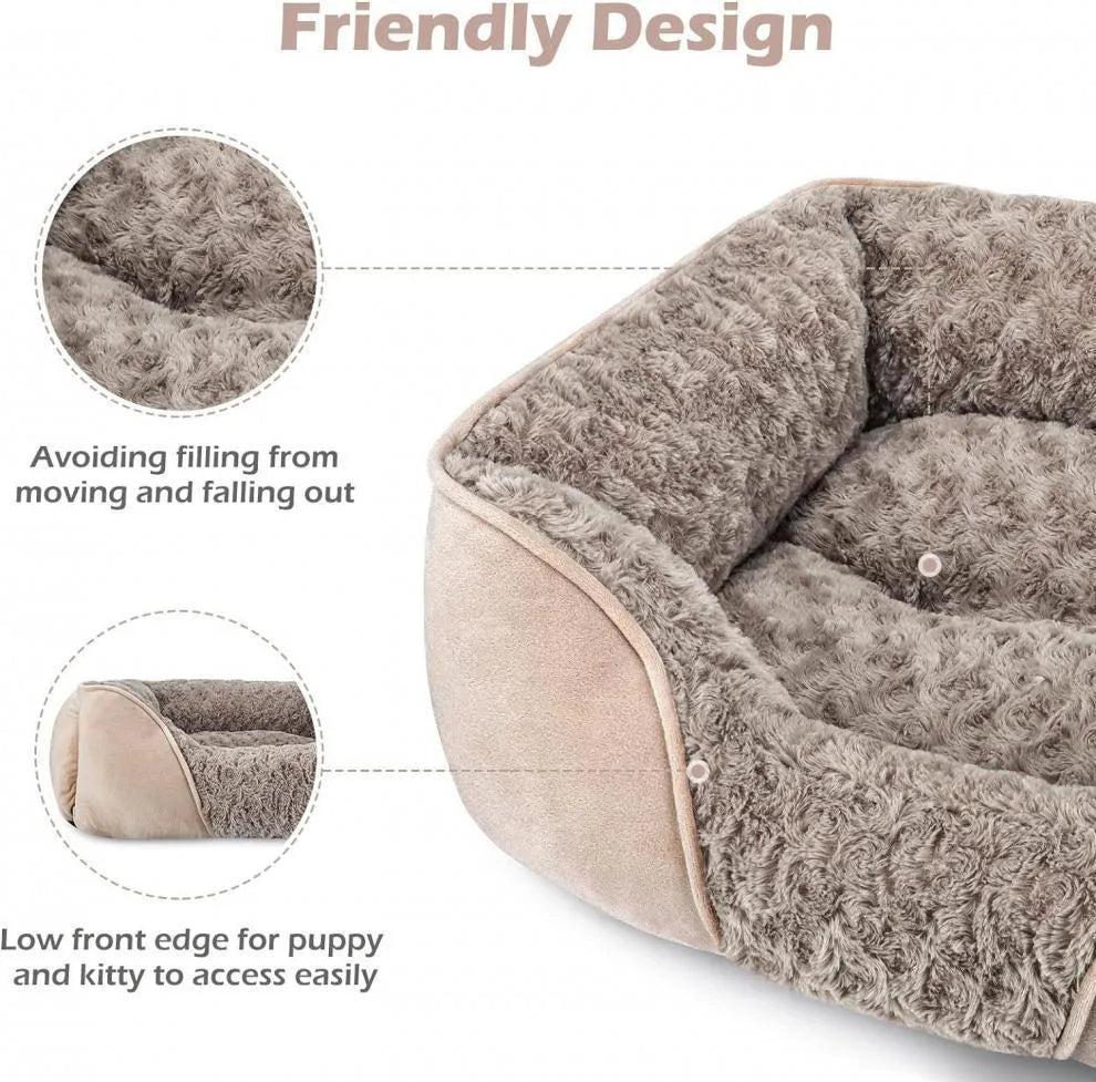 Beige plush kennel-style pet bed for dogs or cats, showing enclosed sides and soft cushioning.