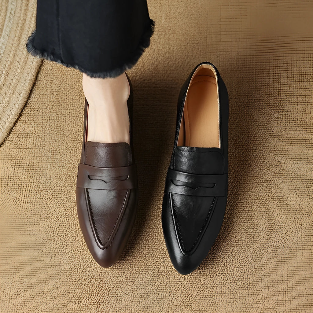 Women's retro pointed toe flat bottom slip-on loafers in black and brown with square toe and rubber sole