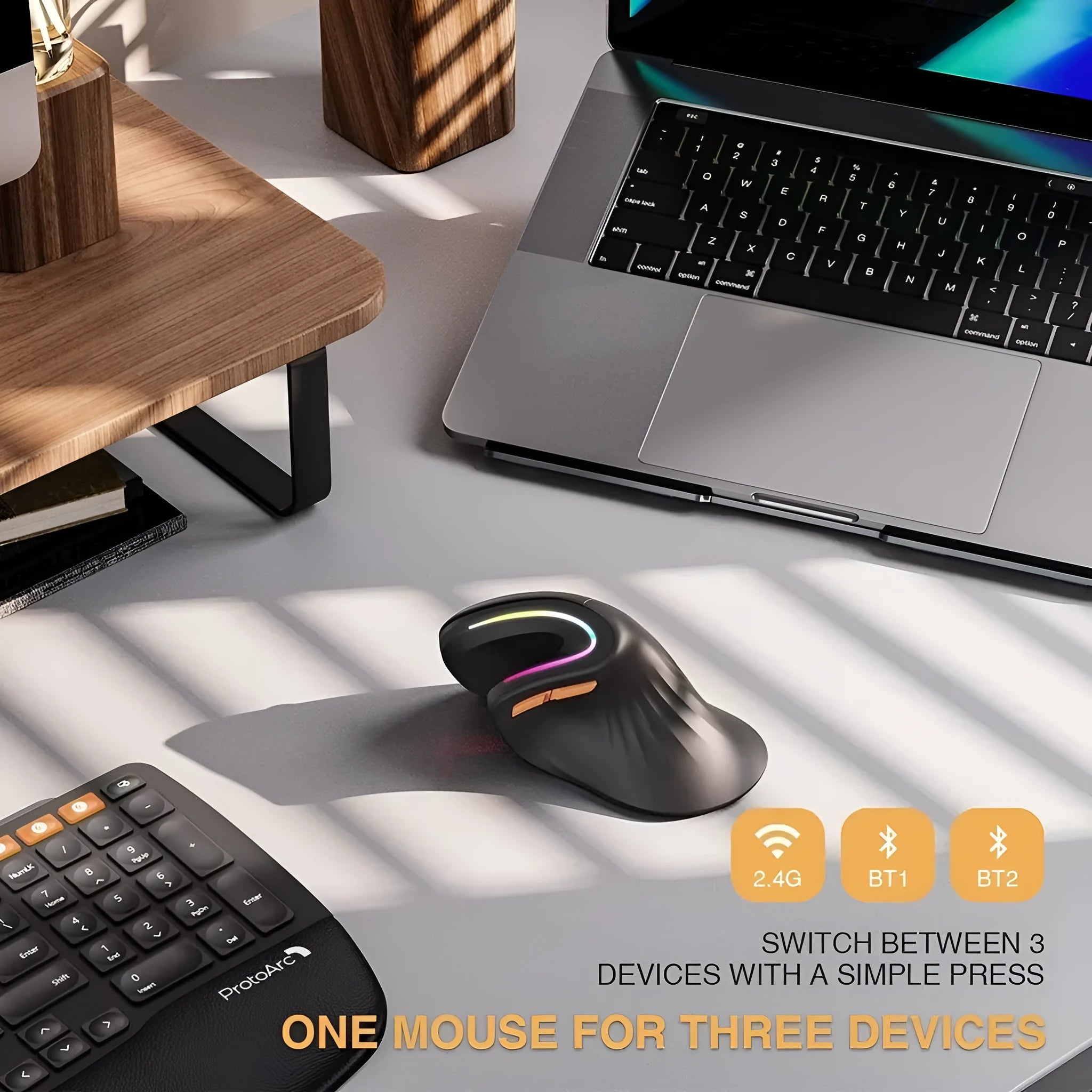 SeenDa black vertical ergonomic wireless mouse with charging cable and adapter