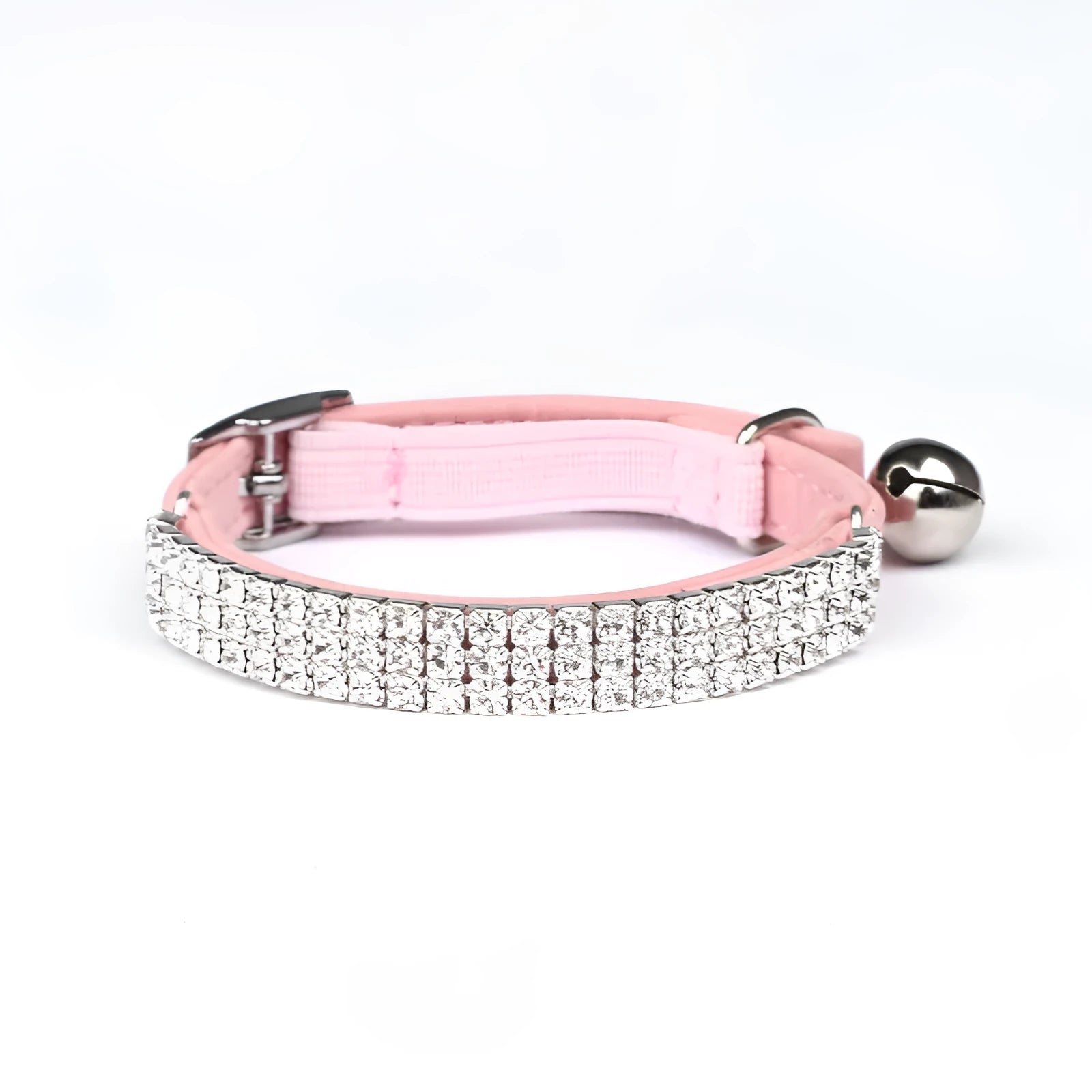 Red velvet cat collar with a line of sparkling rhinestones, showing the adjustable buckle.