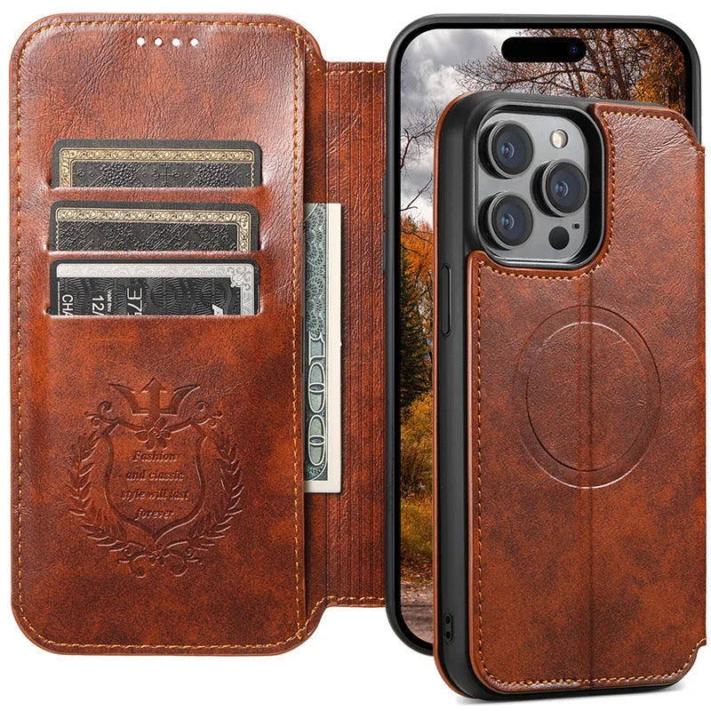 Frosted black PU leather phone case for iPhone 16 with card slot and magnetic back