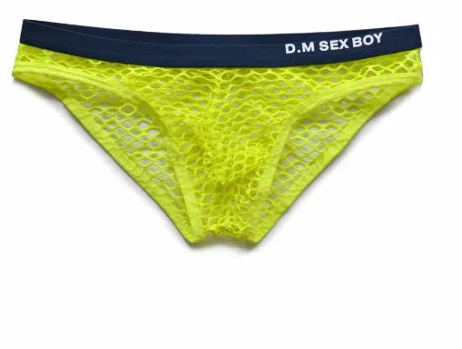 Large men's breathable mesh briefs with personalised letters in black, dark grey, rose red, or fluorescent yellow.