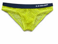Large men's breathable mesh briefs with personalised letters in black, dark grey, rose red, or fluorescent yellow.