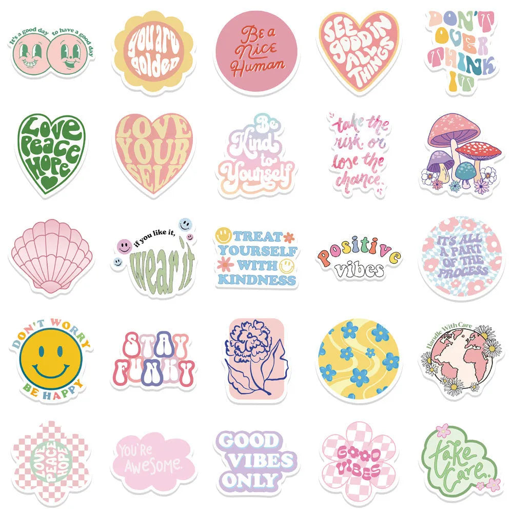 Danish pink motivational statement stickers with graffiti cartoon designs measuring 4-6cm for laptops and luggage