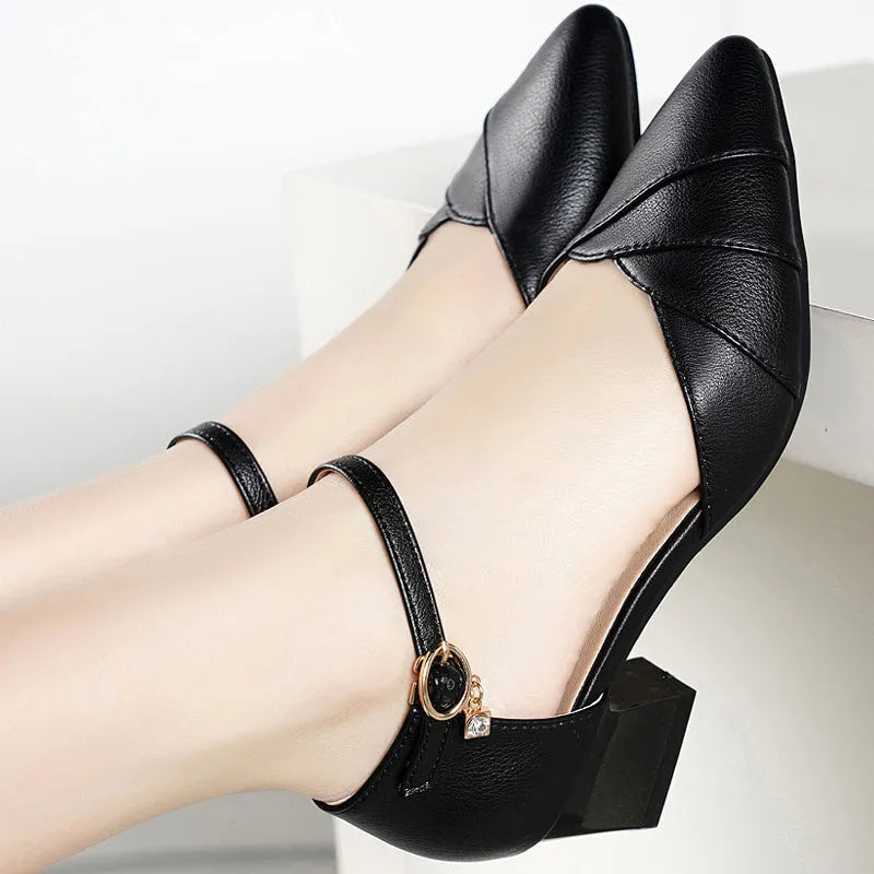 Women's high heel sandals with buckle strap and square toe in apricot colour.