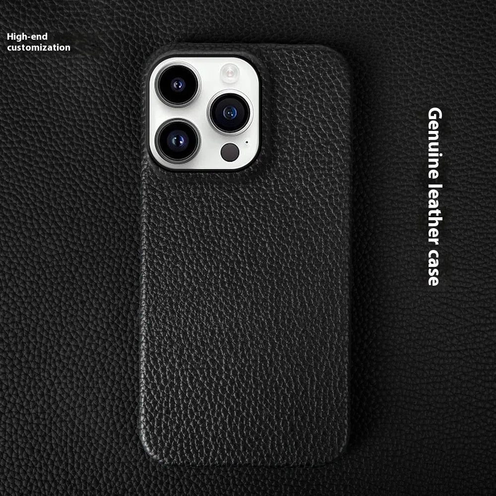 Handmade genuine leather half pack phone case for iPhone 16 series in orange, showing back and side coverage.