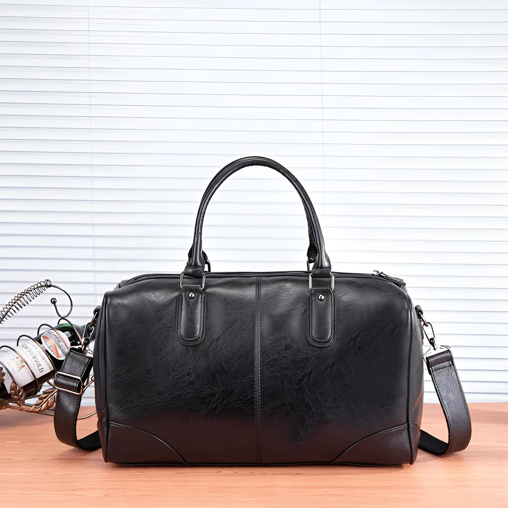 Men's large capacity black PU crossbody shoulder bag for travel with water-resistant finish