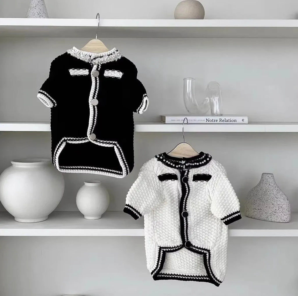 Korean style white dog sweater with pearl collar on a small dog, showing princess cut and lightweight polyester fabric.