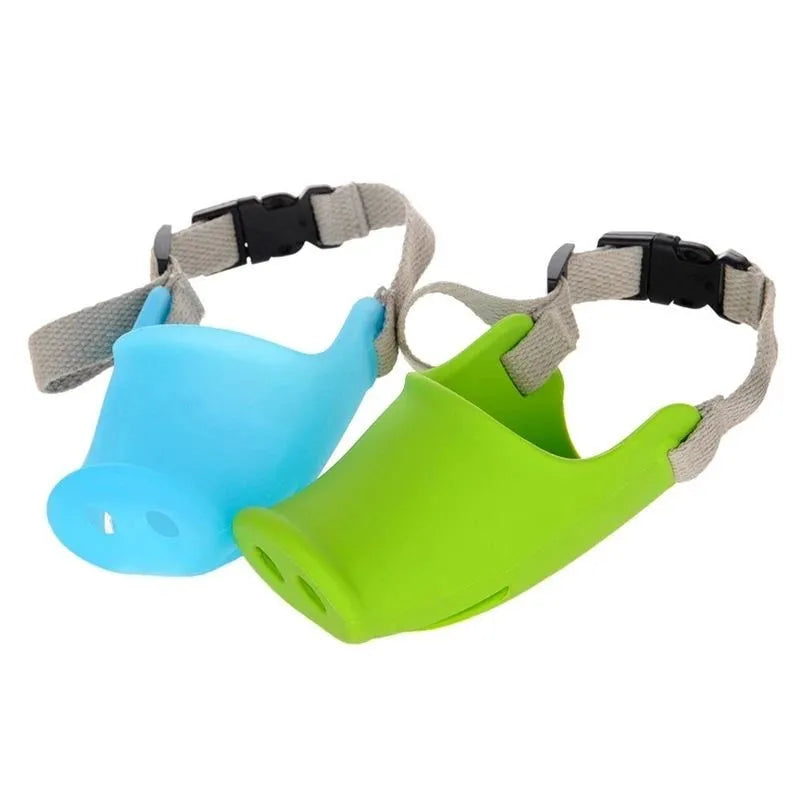 Blue silicone dog anti-bite mouth cover shown on long-mouthed breed with size dimensions displayed