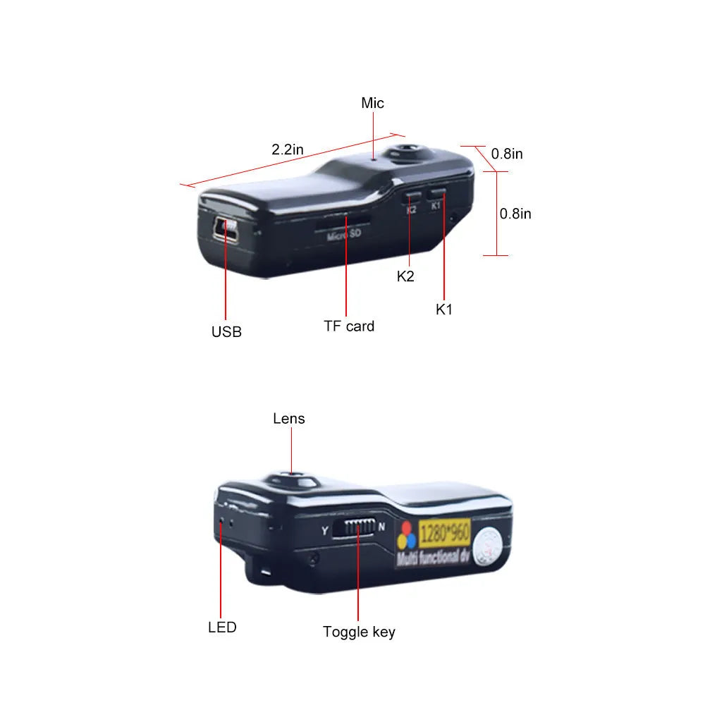 MD80 Black digital camera with clip, compact body for hands-free recording