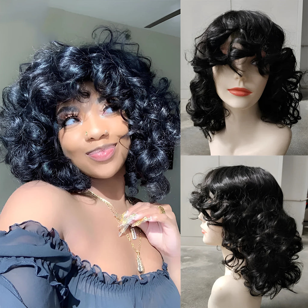Black synthetic women's Afro wig with long curly exotic style on display