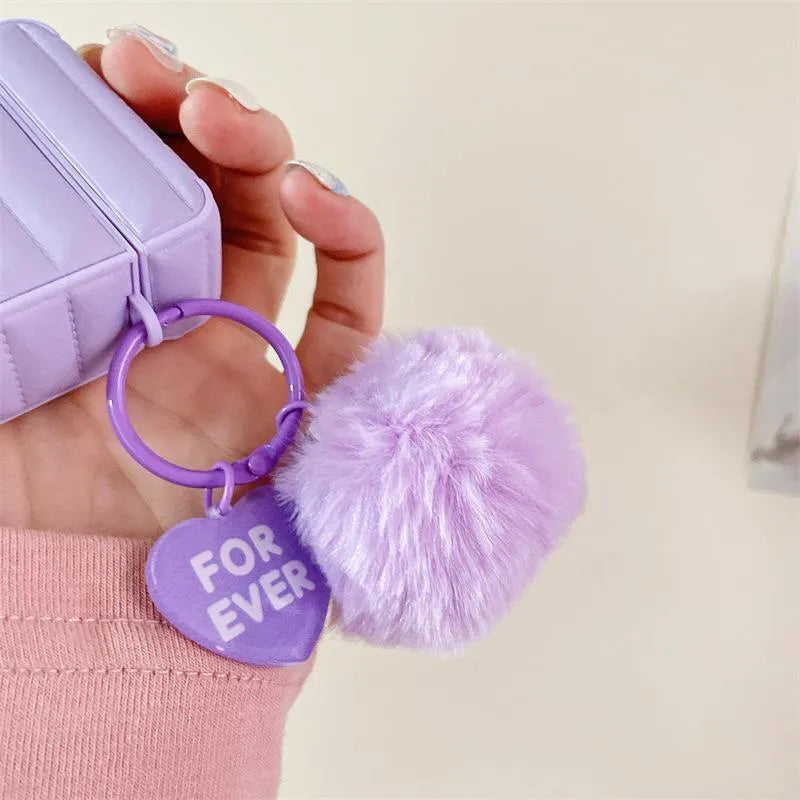 Purple down jacket AirPods case with fuzzy ball pendant, solid colour protective shell for AirPods 3, 1/2, and Pro
