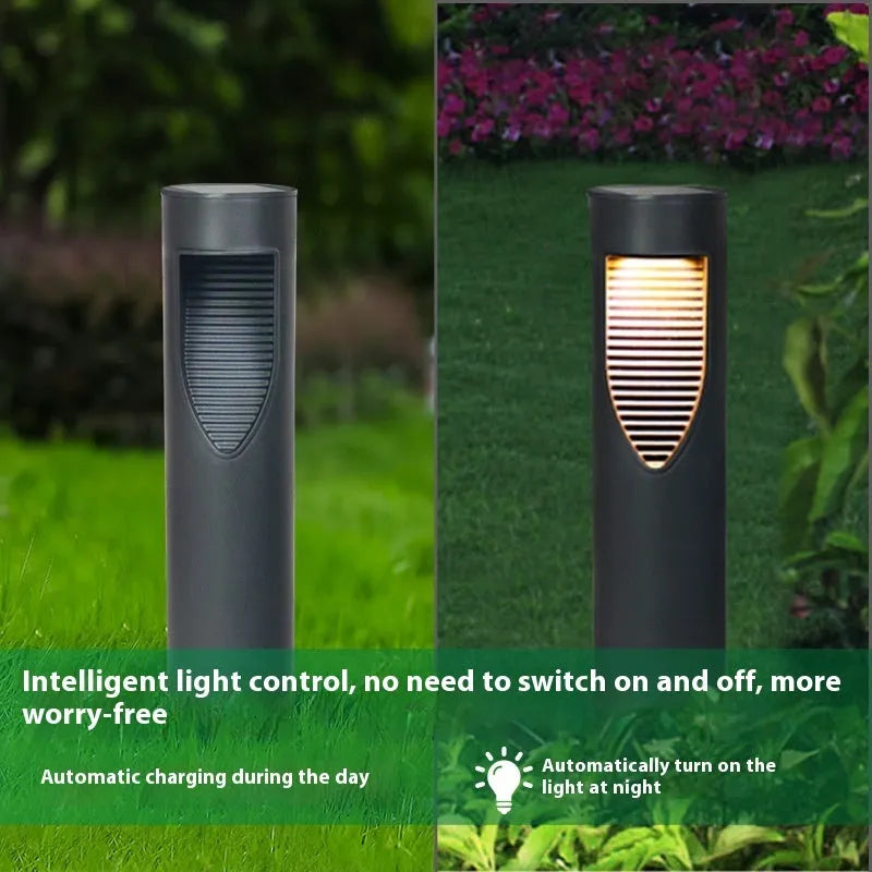 Black geometric solar garden light with stainless steel construction for outdoor decoration