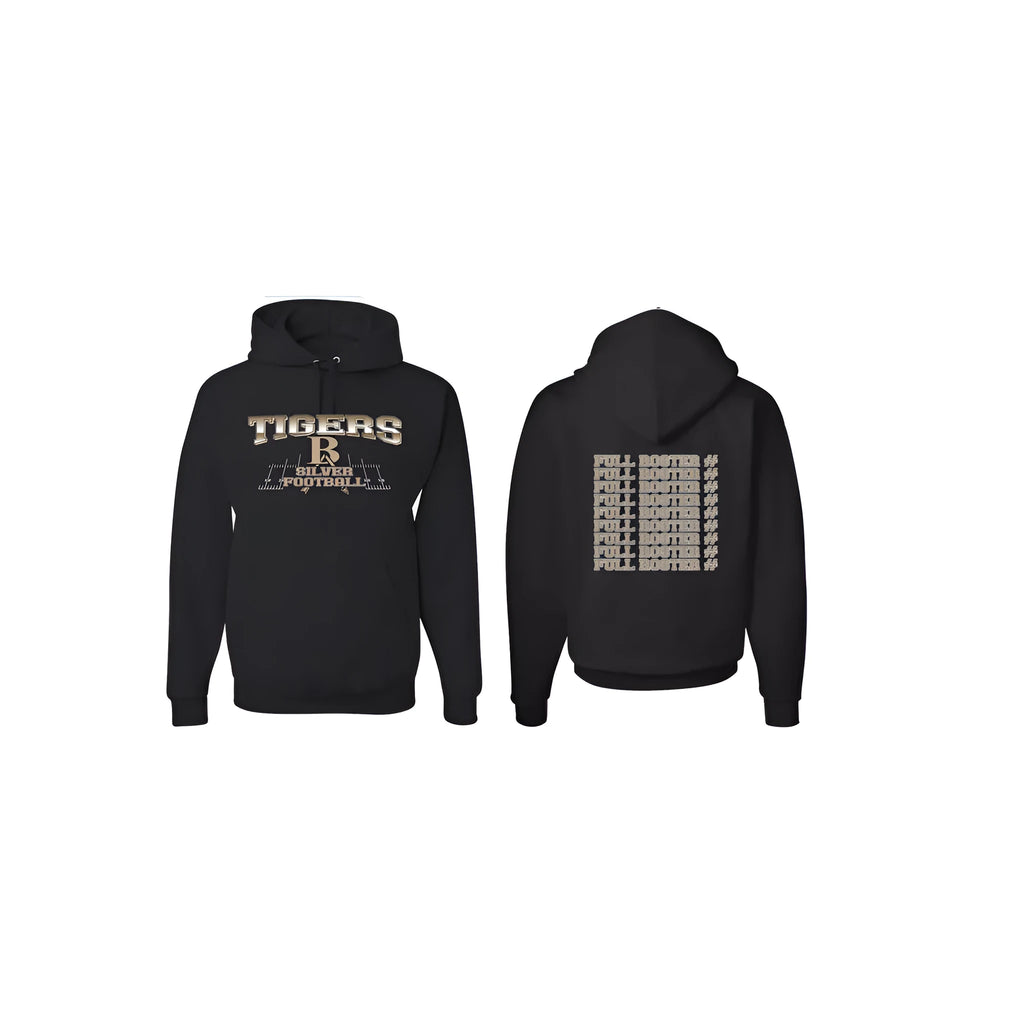 Black men's drop-shoulder sleeve hoodie on a hanger, showing relaxed fit and collar-free design.